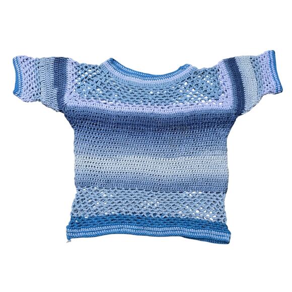 Handmade Crochet Blue Granny Square Knit Short Sleeve Shirt - Picture 6 of 6